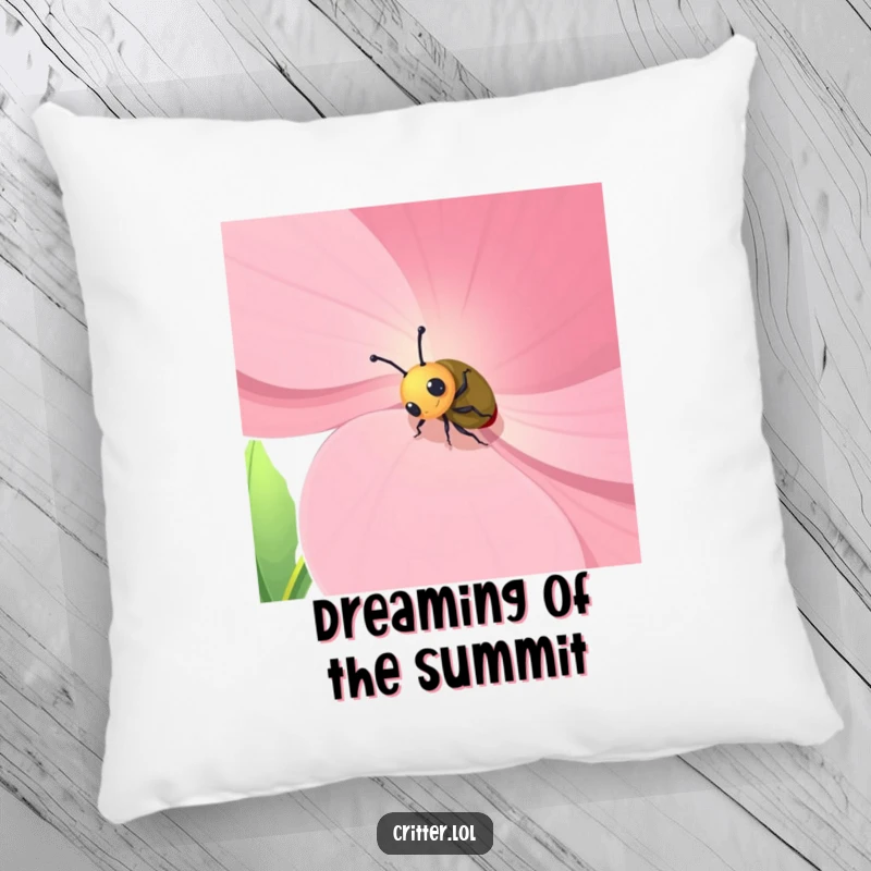 Funny pillow illustration of a curious beetle character scaling a massive flower petal, offering comfort and a touch of humor.