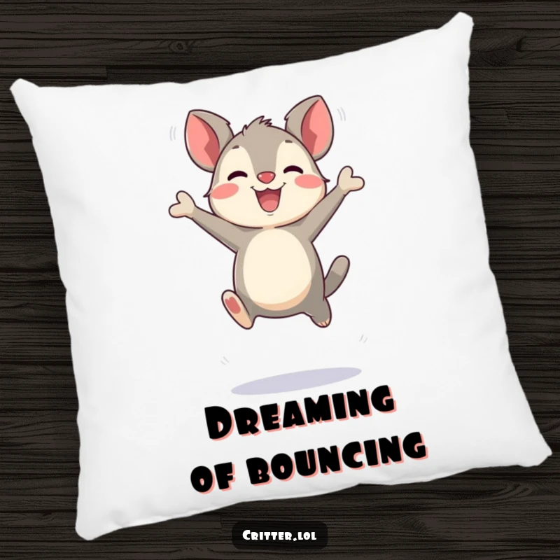 Funny bouncing critter character making exaggerated joyful leaps on a soft pillow, bringing comfort and playful energy, a perfect funny gift.