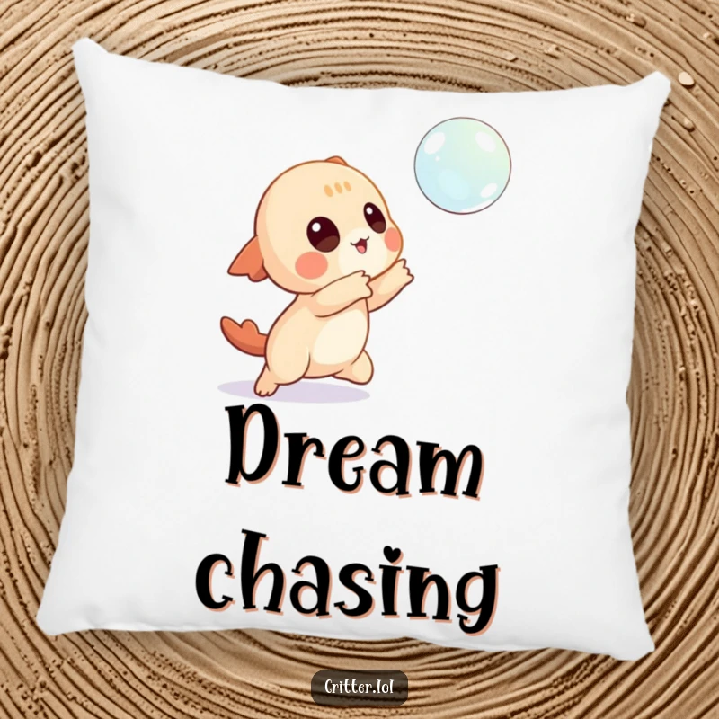 Funny pillow featuring a playful creature character reaching for a floating bubble, soft and full of wonder.