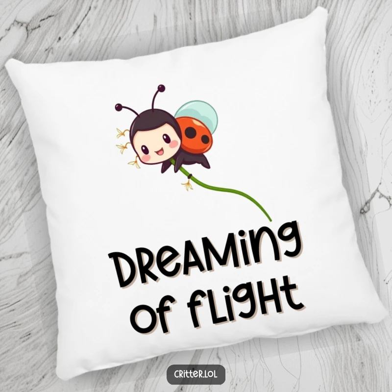 Funny ladybug pillow with a tiny, gleeful character riding a flying dandelion seed, perfect for adding humorous comfort to any room.