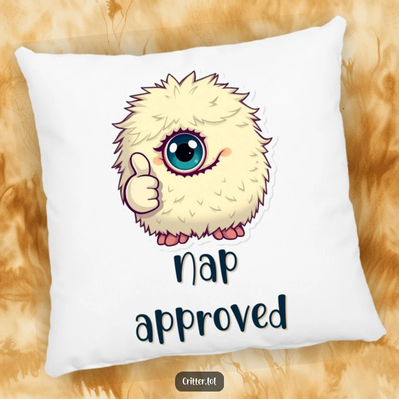 Funny pillow featuring a tiny, fluffy, one-eyed monster giving a thumbs up, offering comfort and quirkiness.