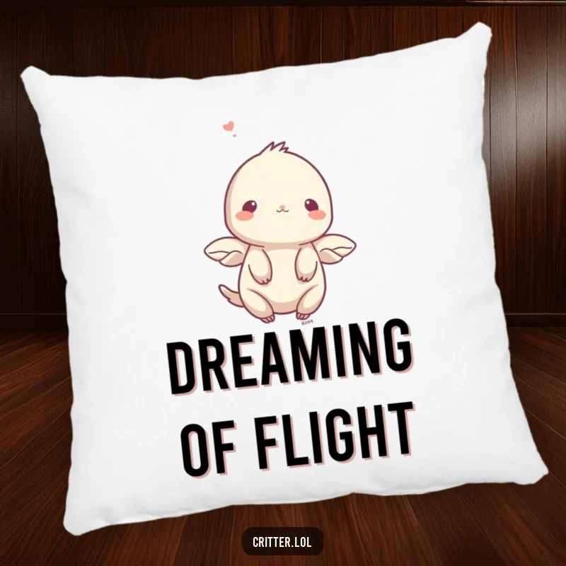 Funny pillow showing a shy creature with small wings fluttering upwards, a soft and humorous accent.