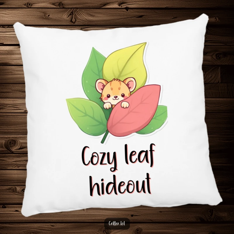 Funny decorative pillow featuring a shy critter peeking from behind a leaf, offering comfort and a touch of bashfulness.