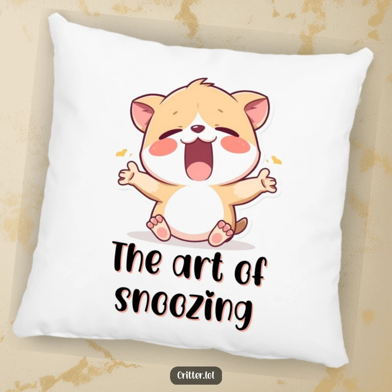Funny decorative pillow featuring a sleepy critter yawning and stretching, ideal for adding comfort and a humorous touch.