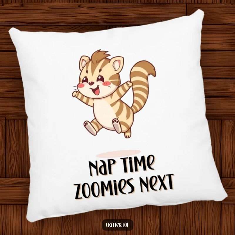 Funny pillow featuring a striped creature with a bushy tail leaping joyfully, a comfortable and humorous accent.