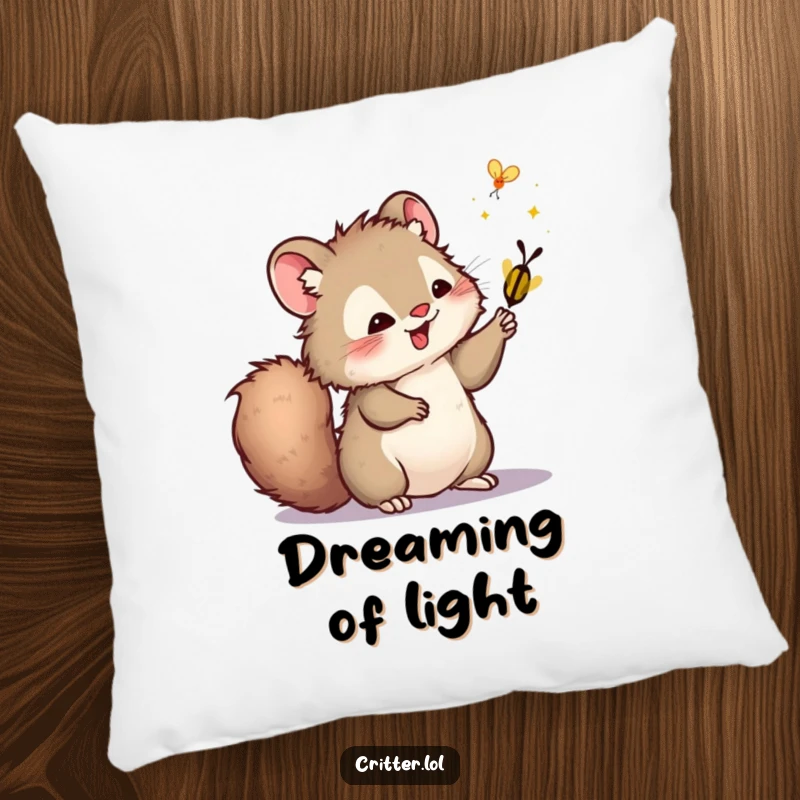Funny pillow featuring a furry critter with a bushy tail playfully swatting a firefly, offering cozy comfort and woodland magic.