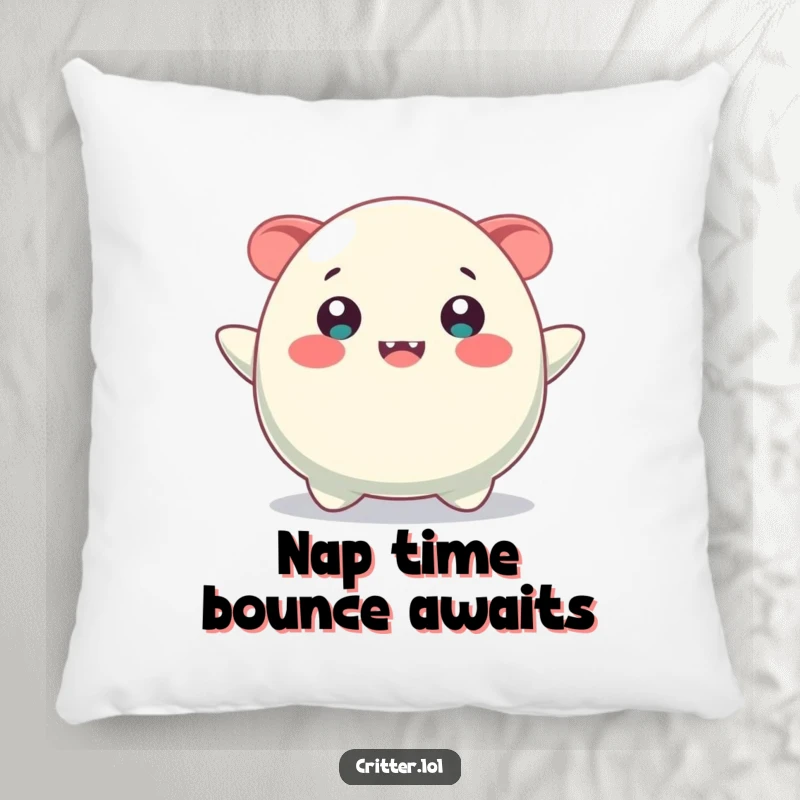 Funny pillow featuring a bouncing blob creature with a wide, happy smile, offering comfort and cheer.