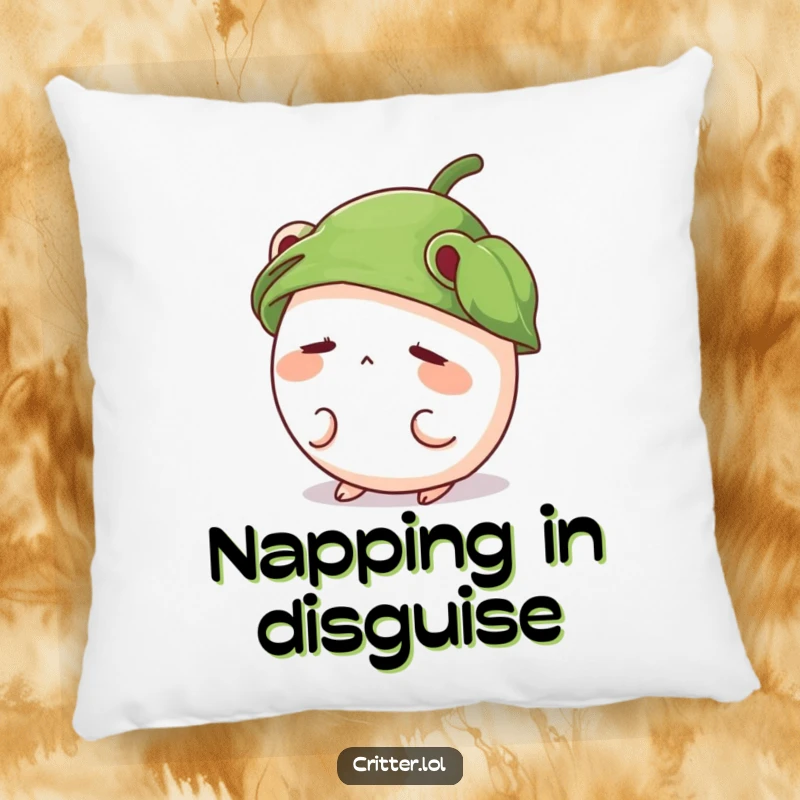Funny pillow featuring a shy, round critter wearing a leaf hat and peeking out, offering comfort and cuteness.