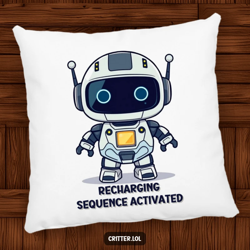 Funny pillow featuring a cute small robot character with a visible blinking light, perfect for a tech-lover's comfort.