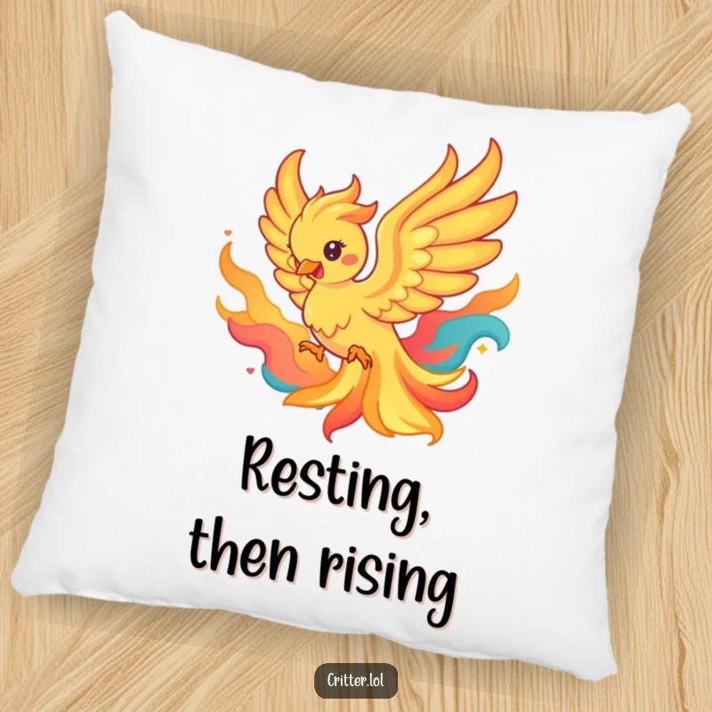 Funny pillow featuring a playful phoenix rising from colorful flames, adding comfort and a symbol of strength.