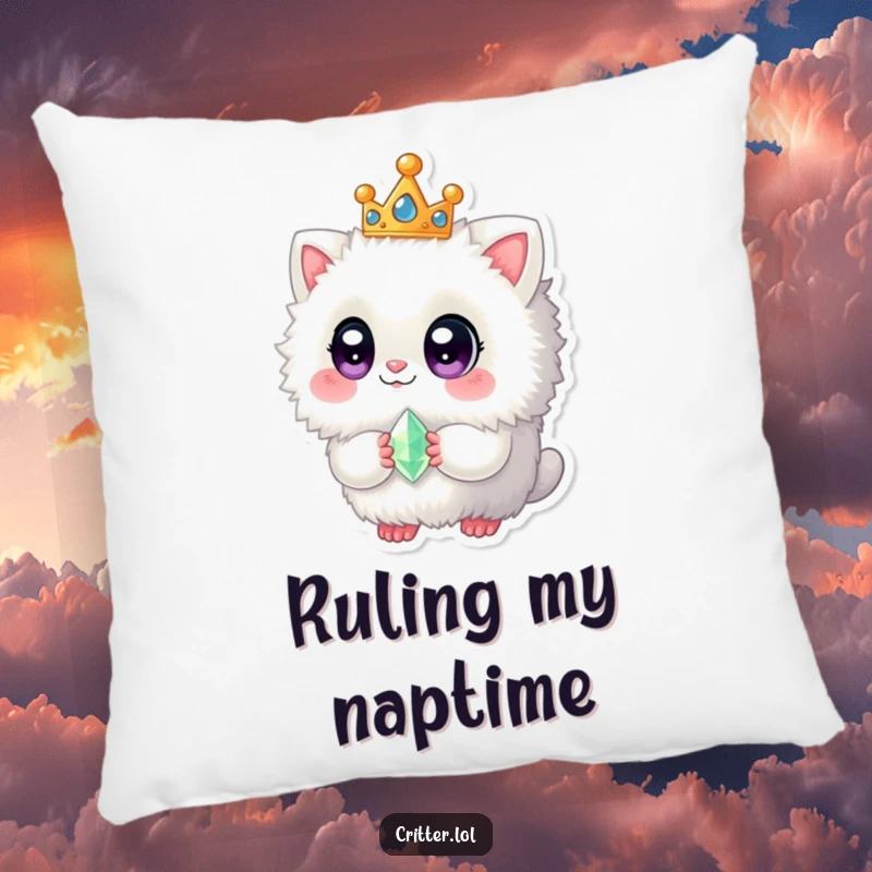 Funny pillow featuring a fuzzy creature with a crown and gem, offering plush comfort and adorable, regal charm.