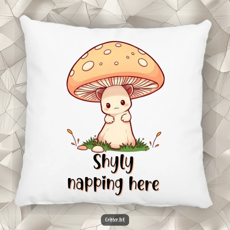 Funny Critter Pillow: A cute, shy critter makes a funny appearance from behind a large mushroom, perfect for adding comfort and humor.