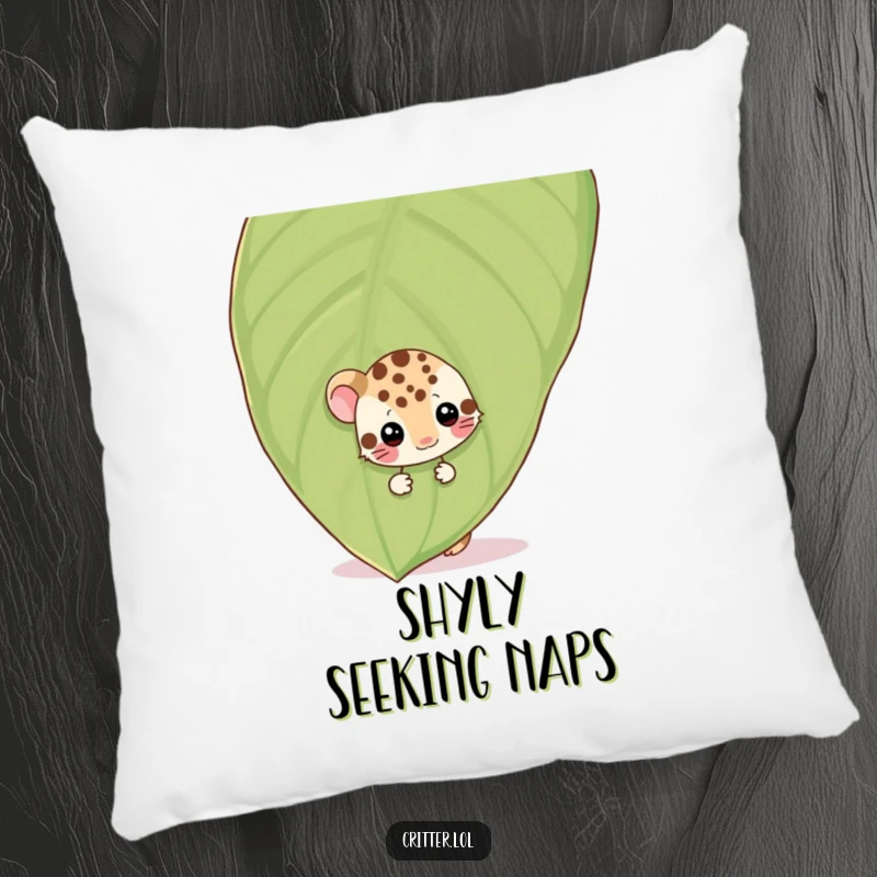 Funny shy spotted critter peeking from behind a leaf, wiggling, on a soft pillow for a touch of cute and funny decor.