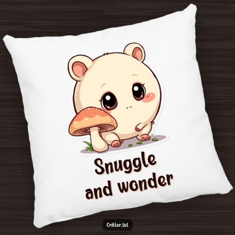 Funny pillow featuring a round critter with big eyes sniffing a mushroom, offering cozy comfort and a whimsical woodland feel.