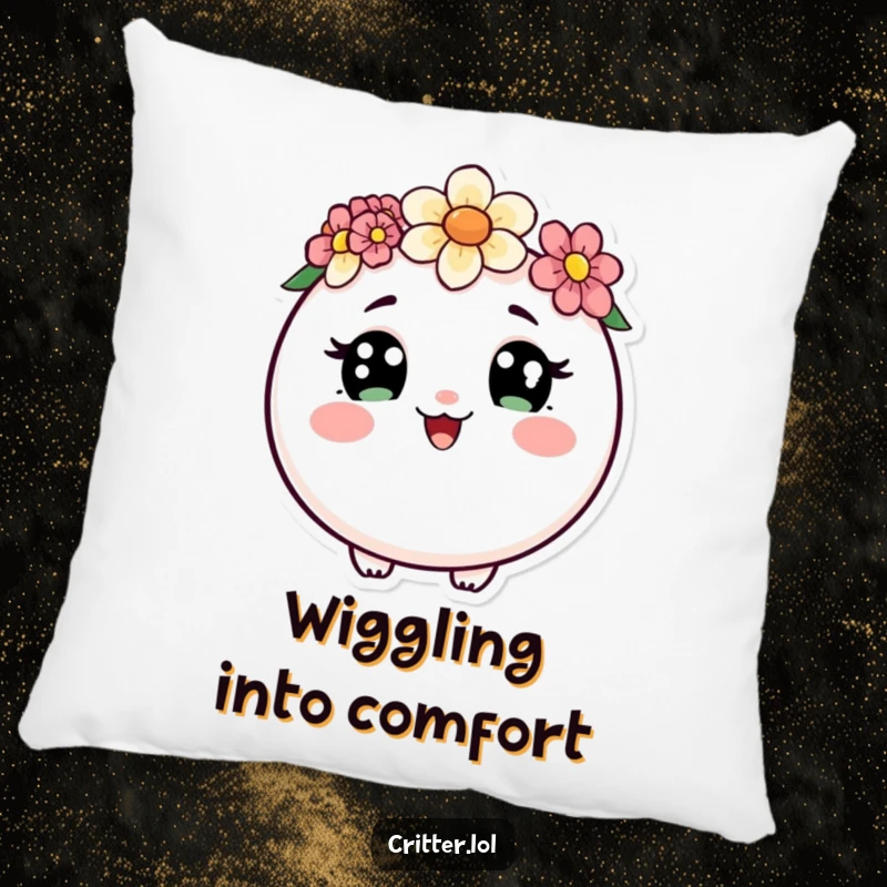 Funny pillow showcasing a round critter with curious eyes and a flower crown, doing a happy wiggle, offering comfort and whimsical delight.