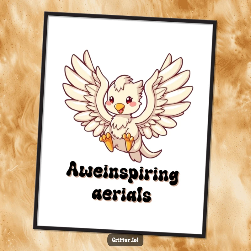 Funny digital art print of a magnificent griffin in majestic flight, ready to add fantasy and humor to any room.