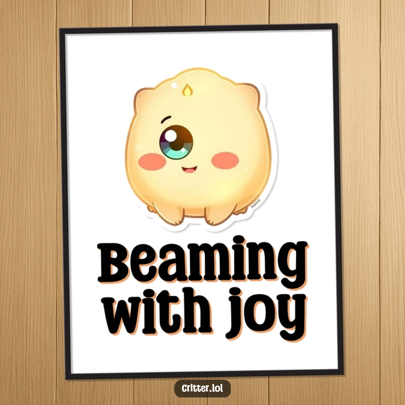 Funny digital art print of a glowing creature with a single eye beaming with happiness, capturing radiant positivity.