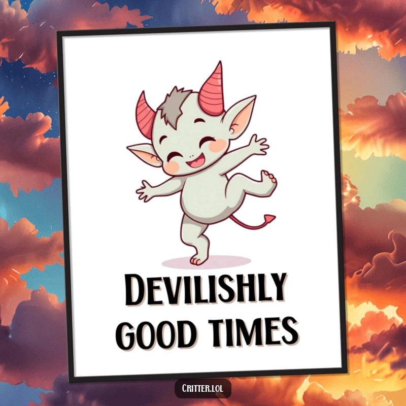 Funny digital art print of a cute imp with devil horns doing a cartwheel, bringing energetic fun to any room.