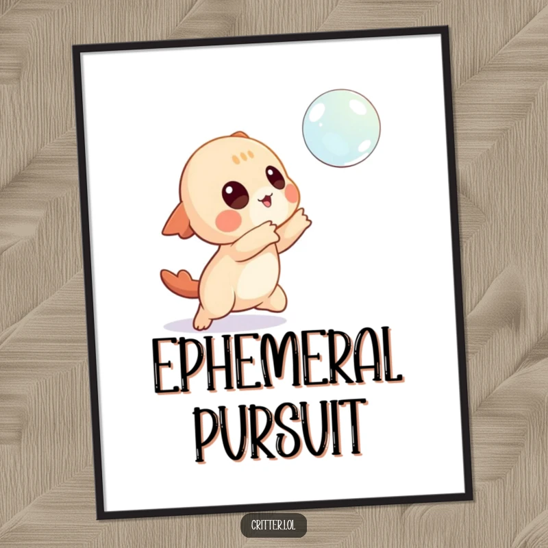 Funny digital art print of a playful creature character attempting to catch a floating bubble, capturing whimsical joy.