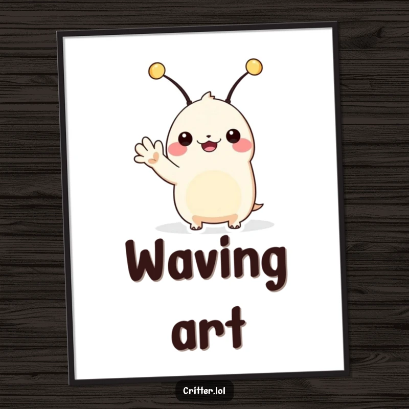 Funny alien digital art print of a creature with antennae waving hello, ready to add friendly charm to any room.