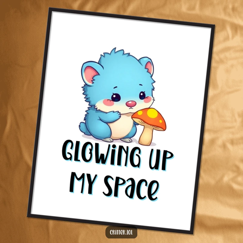 Funny blue furry critter with antennas sniffing a glowing mushroom, offered as a digital art print for immediate home decor.