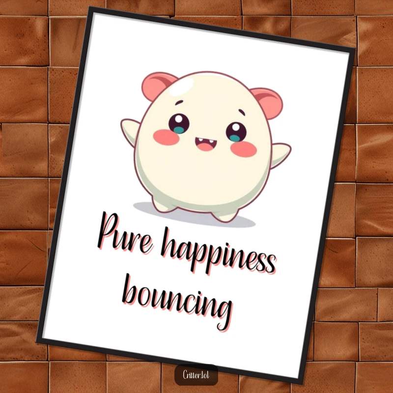 Funny digital art print of a bouncing blob creature with a huge, beaming smile, radiating pure happiness and energy.