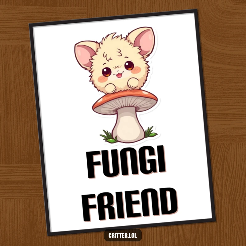 Funny digital art print of a playful fuzzball with large ears bouncing on a mushroom, perfect for whimsical decor.