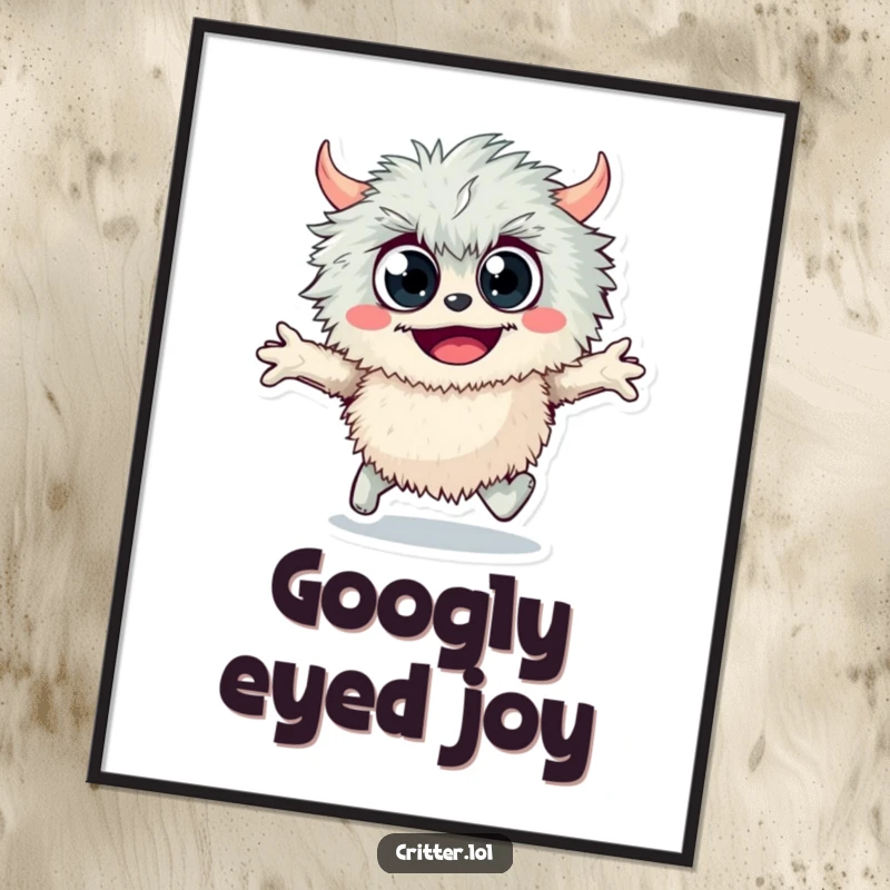 Funny fuzzy monster digital art print of a googly-eyed monster skipping joyfully, offering instant humorous, playful decor for any wall.