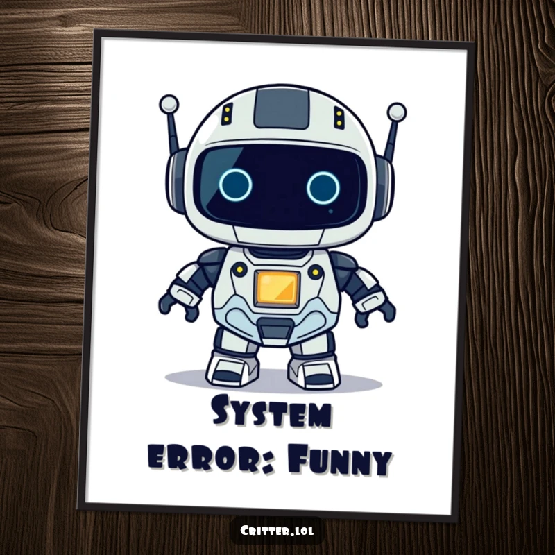 Funny digital art print of a small robot with a distinct blinking light, conveying a charming and technologically advanced personality.
