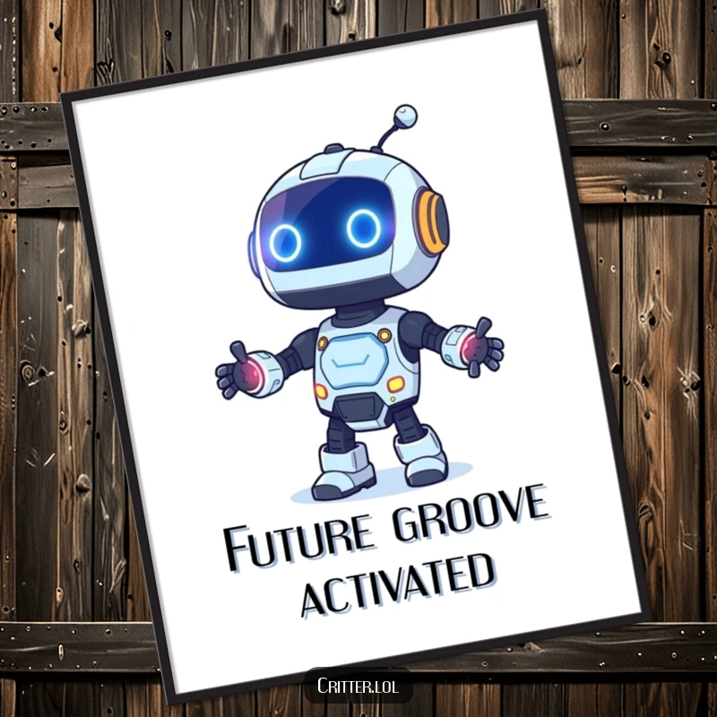 Funny digital art print of a curious robot with blinking lights dancing dynamically, bringing energetic fun to any room.