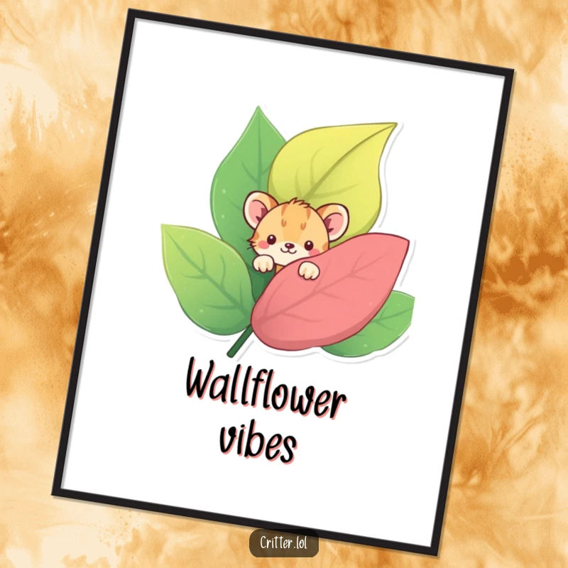 Funny digital art print of a shy critter peeking from behind a large, colorful leaf, perfect for adding gentle and humorous decor.