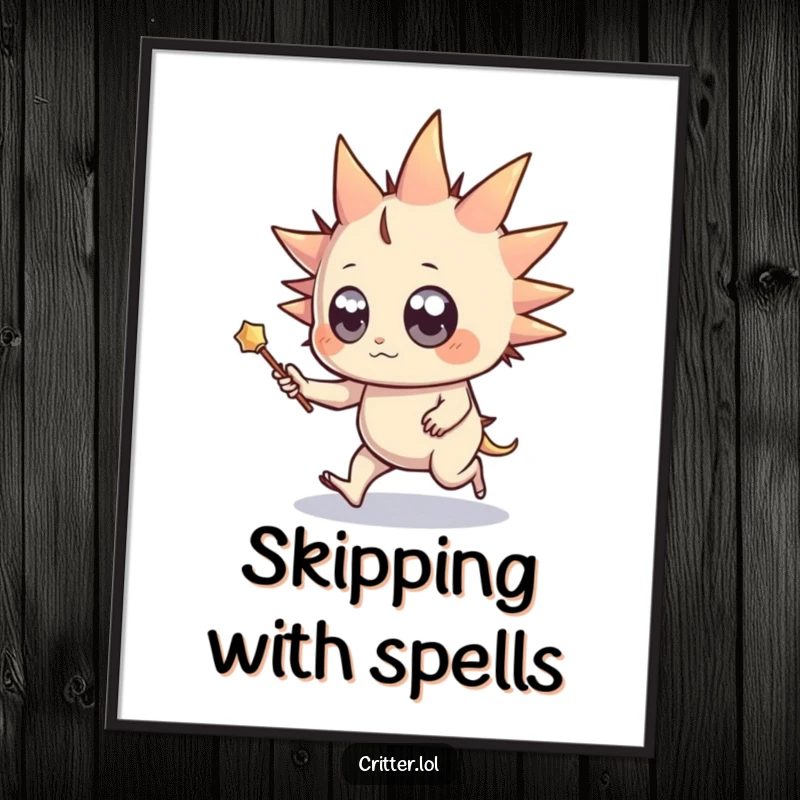 Funny digital art print of a spiky creature holding a wand and skipping, perfect for adding instant magical whimsy.
