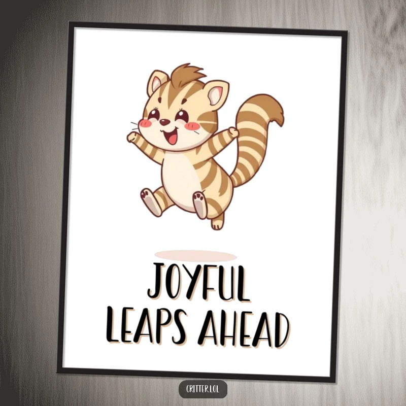 Funny digital art print of a striped creature with a bushy tail leaping joyfully, perfect for instant decor.