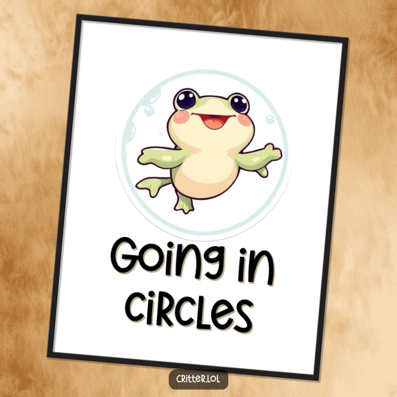 Funny digital art print of a happy tadpole character swimming in an excited circle, full of bubbly humor.