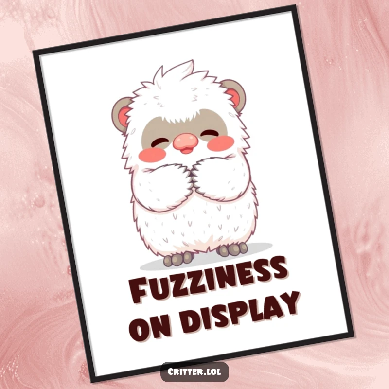 Funny digital art print of a miniature, fluffy yeti character offering a large, warm, fuzzy hug, suitable for printing and framing.