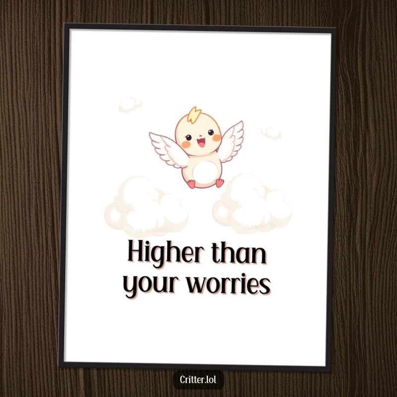 Funny digital art print of a winged critter joyfully soaring through fluffy clouds, perfect for instant, serene, and humorous decor.
