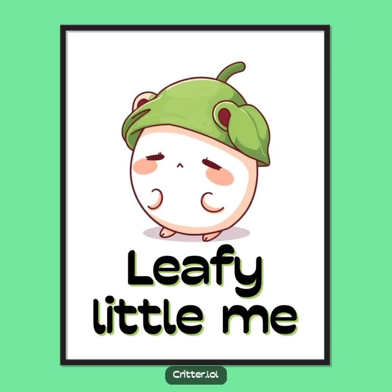 Funny Shy Critter Digital Print, Cute Leaf Hat Art, Adorable Instant Decor