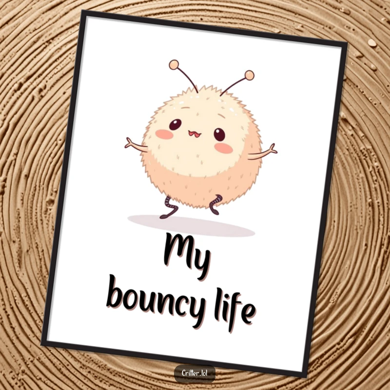 Funny digital art print of a round, furry creature with antennae caught mid-bounce on springy legs. High-resolution, joyful, and humorous art.