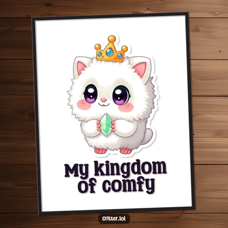 Funny digital art print of a fuzzy creature with big eyes, wearing a crown and holding a tiny gem, perfect for decor.