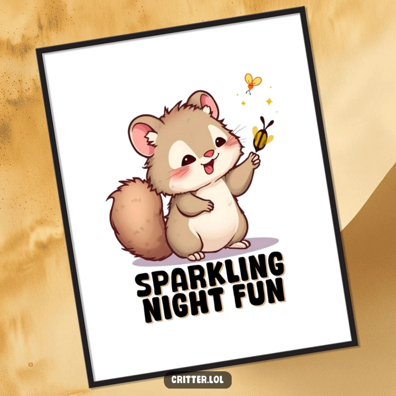 Funny digital art print of a furry critter with a bushy tail playfully swatting a firefly, perfect for adding enchanting decor.
