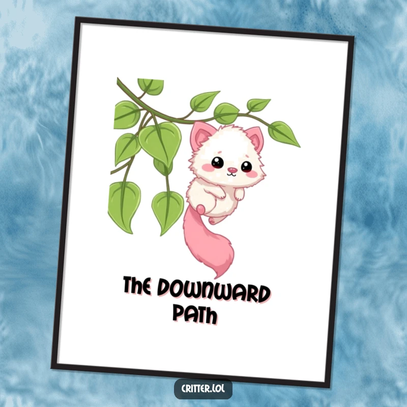 Funny digital art print of a fuzzy critter with a long tail sliding down a leafy vine. High-resolution, dynamic, and humorous art.