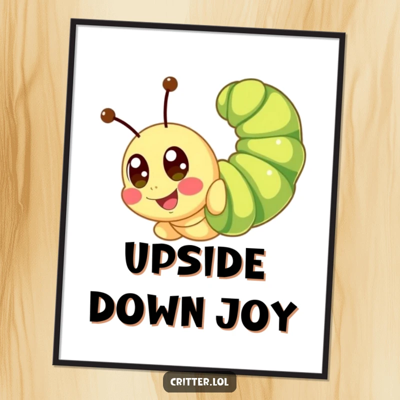 Funny caterpillar digital art print of a cute character energetically somersaulting with wide, happy eyes.