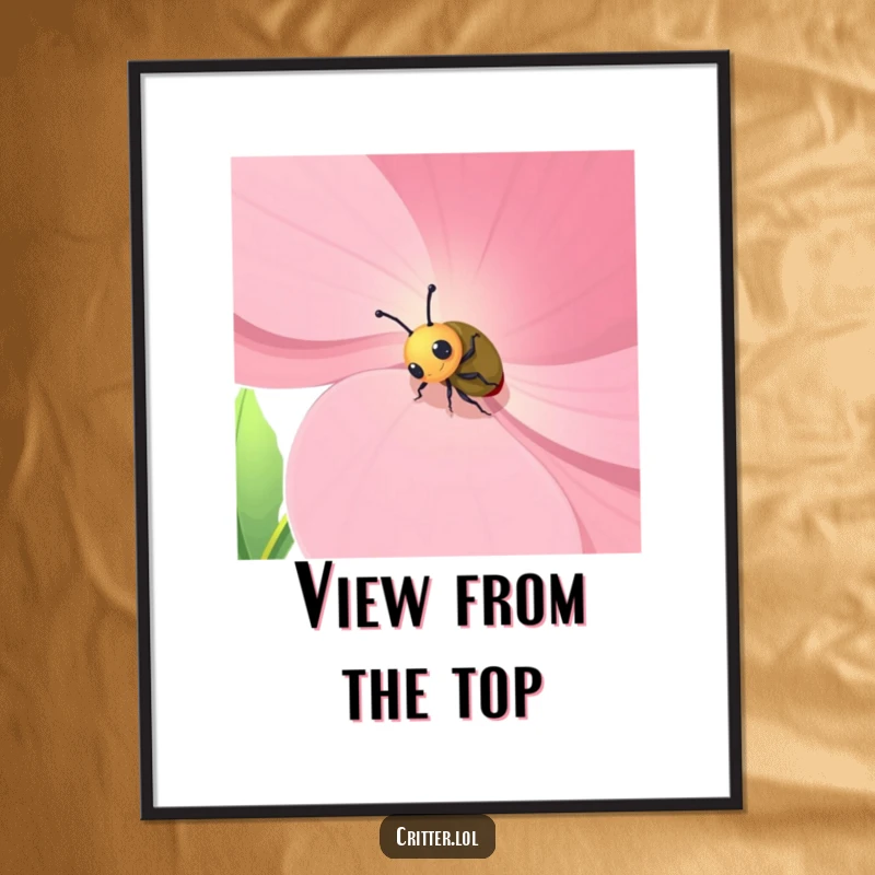Funny digital art print of a curious beetle character bravely climbing a giant flower petal, full of charm and humor.