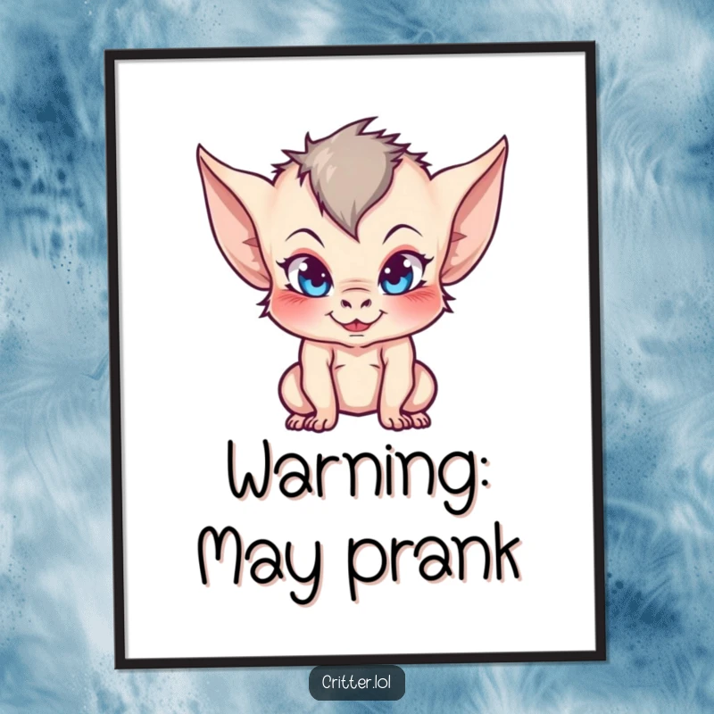 Funny digital art print of a mischievous imp with distinctive pointy ears, a playful grin, and an impish aura.