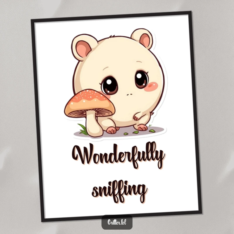 Funny digital art print of a round critter with big eyes curiously sniffing a mushroom, perfect for adding enchanting decor.