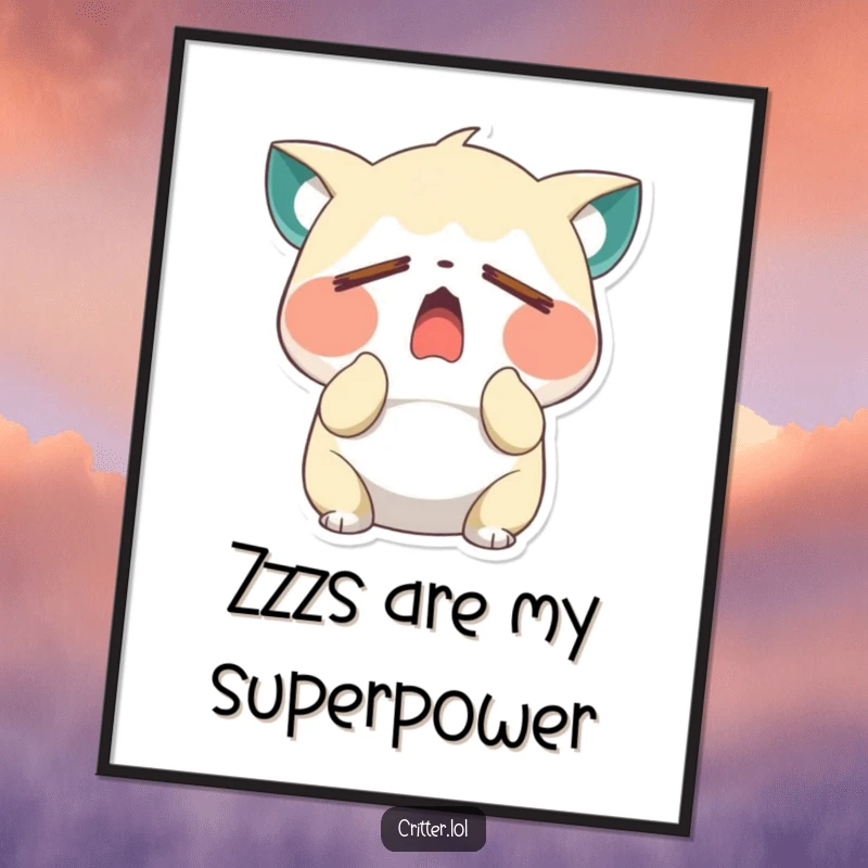 Funny sleepy critter character yawning wide with closed eyes, presented as a downloadable digital art print, conveying sleepy humor, a great gift.