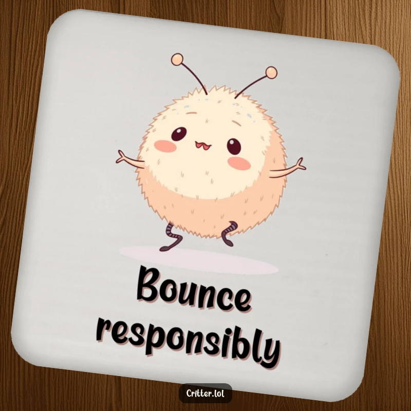 Funny drink coaster featuring a round, furry creature with antennae bouncing on springy legs. Protects surfaces with a dose of humor.