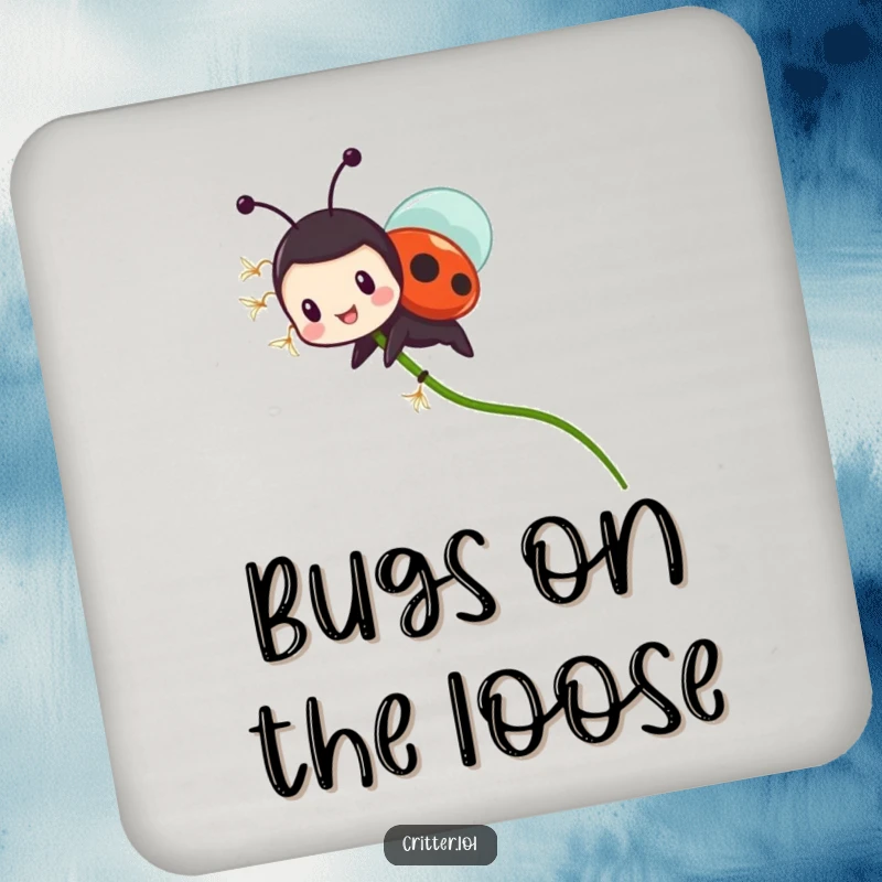 Funny ladybug coaster with a tiny character riding a flying dandelion seed with glee, protecting surfaces with humorous nature flair.