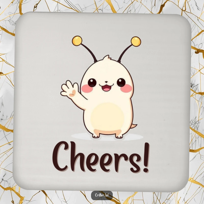 Funny alien coaster showing a creature with antennae waving hello, adding a humorous and protective element.