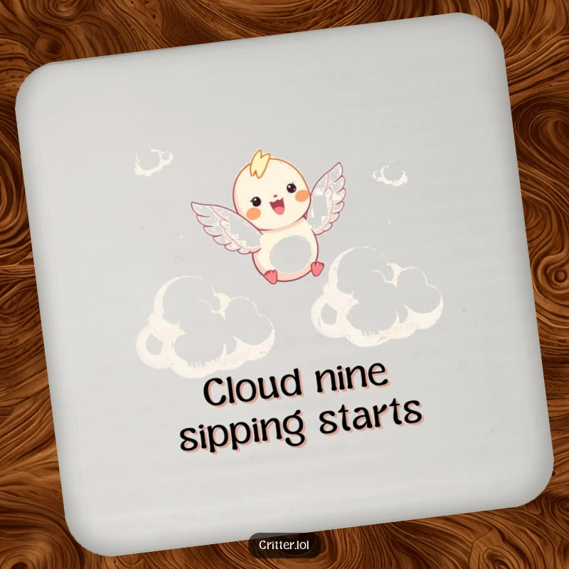 Funny drink coaster with a winged critter joyfully soaring through clouds, adding a humorous and serene touch to surfaces.